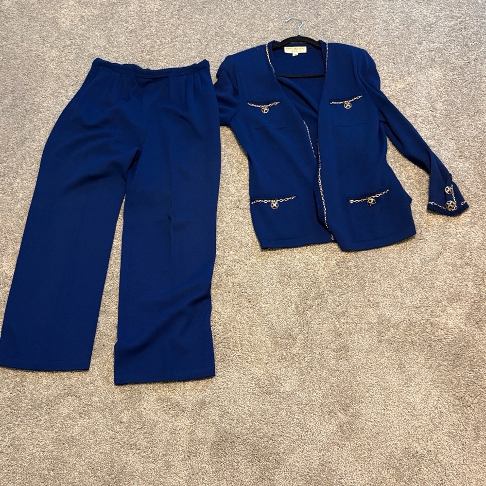 St. John Royal Blue Pantsuit with Chain Accents